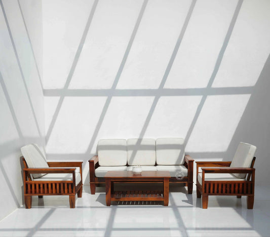 Oresta 3+1+1 Seater Wooden Sofa Set (Honey finish , Without Coffee Table) | Opelhome UAE