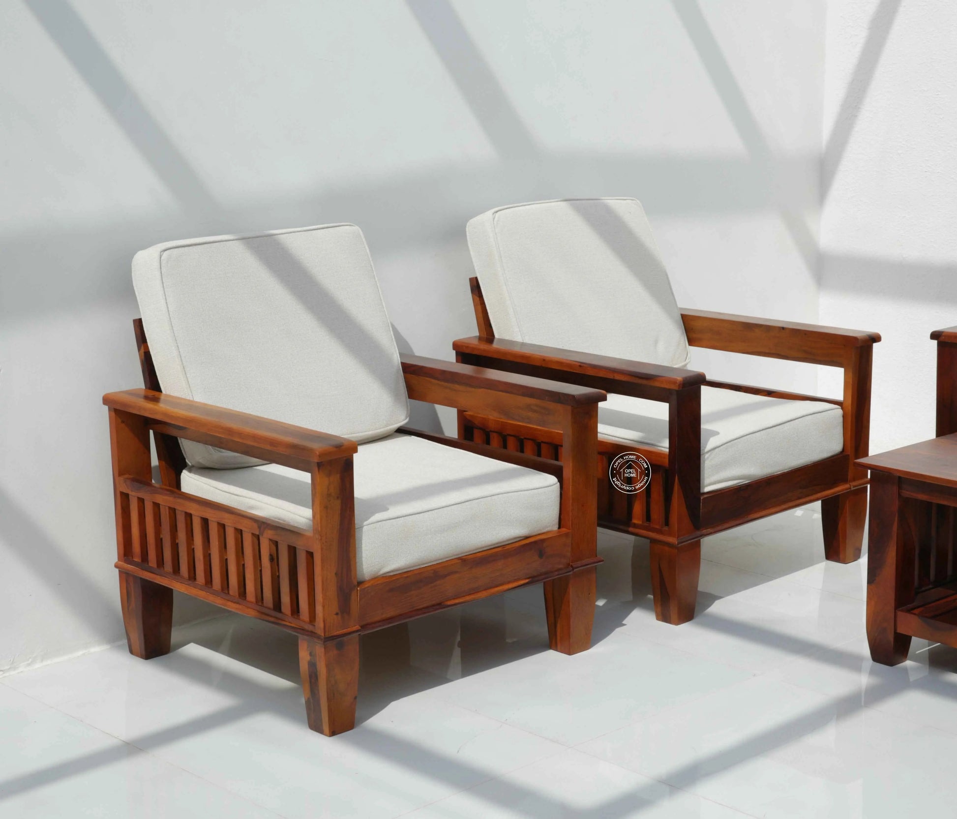 Oresta 3+1+1 Seater Wooden Sofa Set (Honey finish , Without Coffee Table) | Opelhome UAE