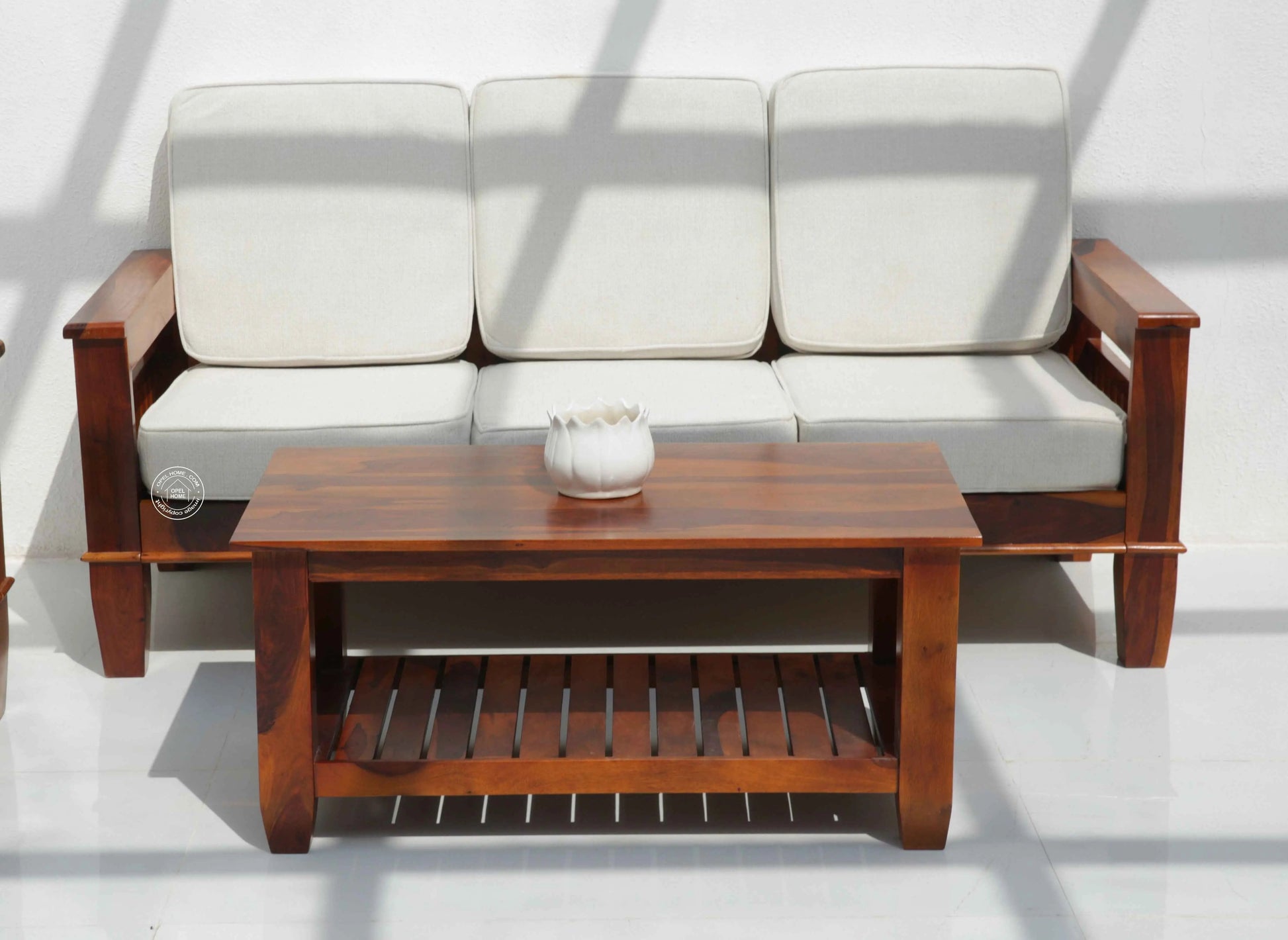 Oresta 3+1+1 Seater Wooden Sofa Set (Honey finish , Without Coffee Table) | Opelhome UAE