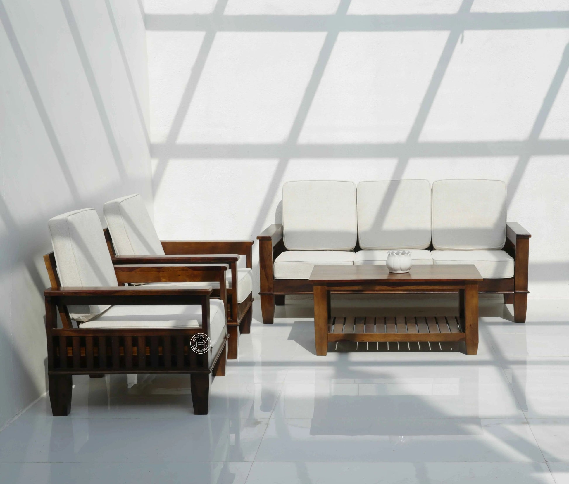 Oresta 3+1+1 Seater Wooden Sofa Set  (Walnut finish , Without Coffee Table) | Opelhome UAE