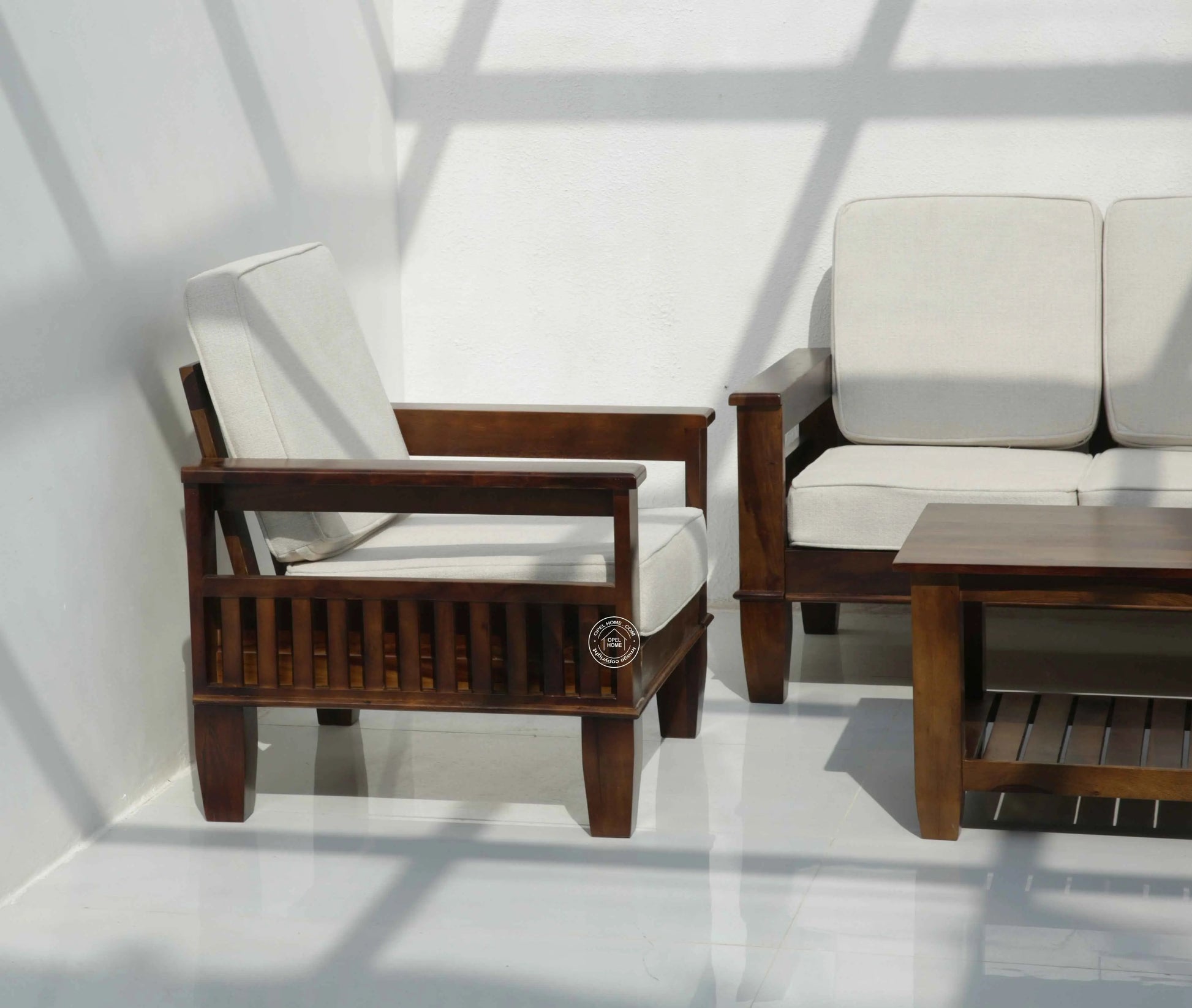 Oresta 3+1+1 Seater Wooden Sofa Set  (Walnut finish , Without Coffee Table) | Opelhome UAE