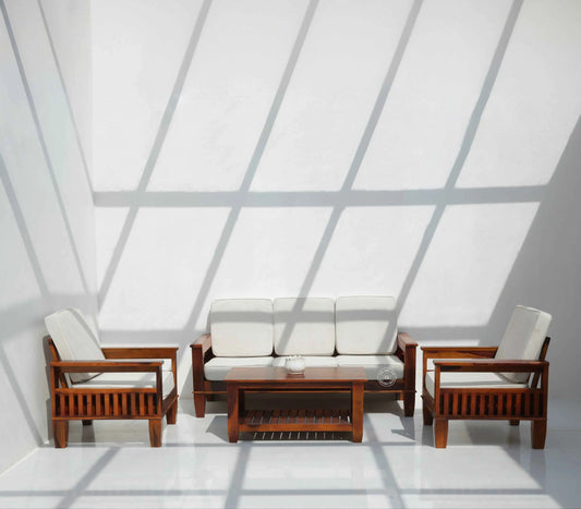 Oresta 3+1+1 Seater Wooden Sofa Set (Honey finish , Without Coffee Table) | Opelhome UAE