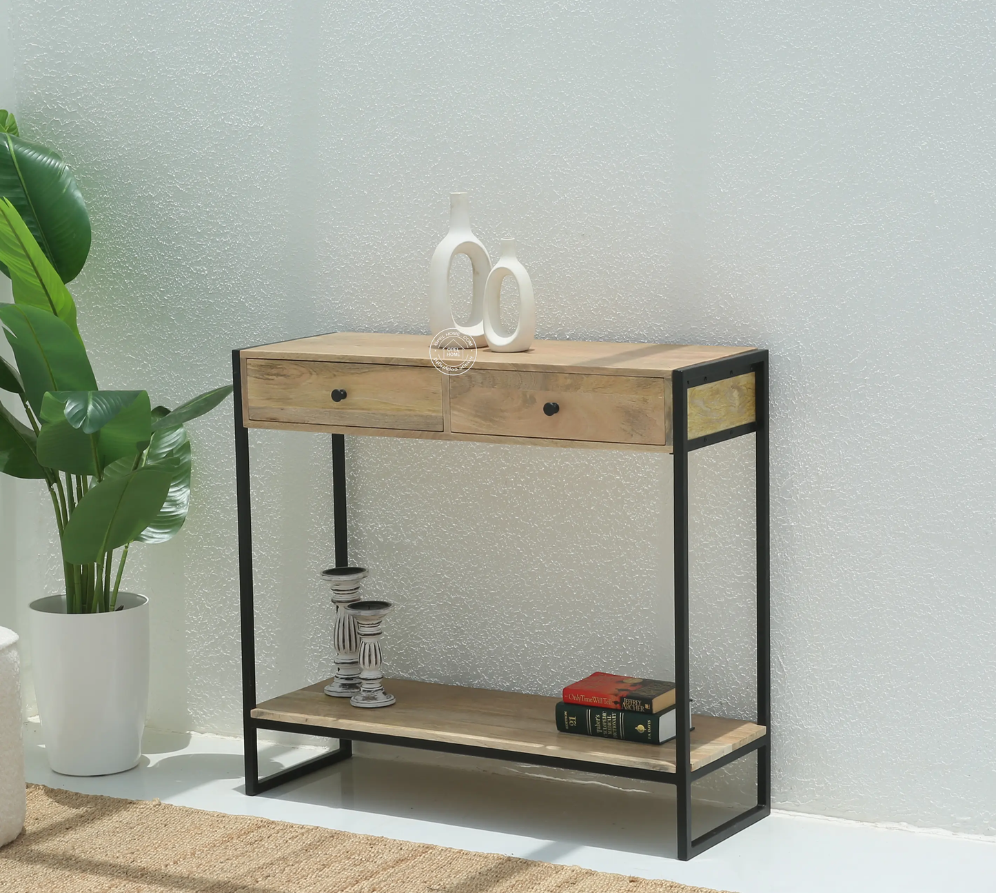 Orlina Industrial Two Drawer Wooden Desk Console - Opelhome