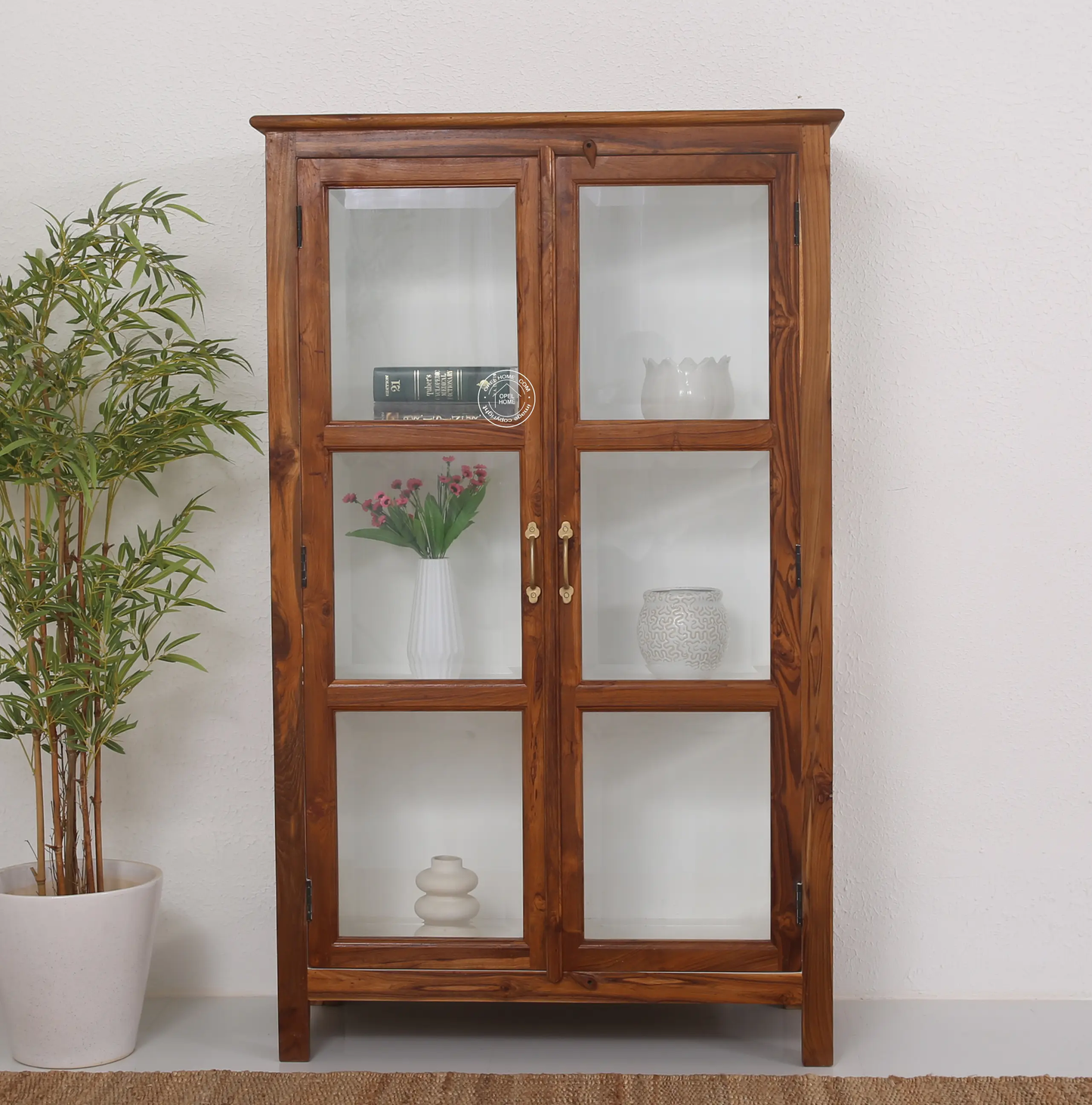 Oscar Teak Wood Display Cabinet Medium – Solid Teak Wood, Natural Finish | Opelhome UAE - Opelhome