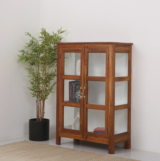 Oscar Teak Wood Display Cabinet Small – Solid Teak Wood, Natural Finish | Opelhome UAE - Opelhome