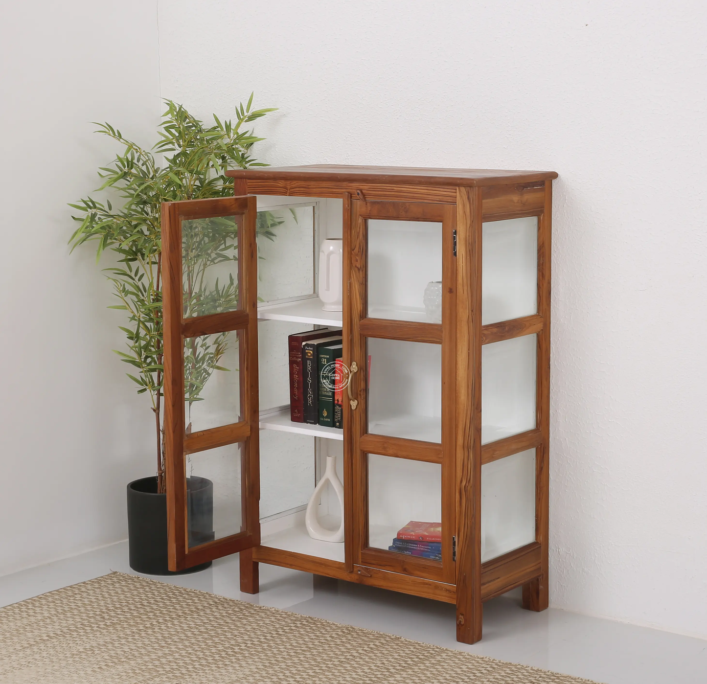 Oscar Teak Wood Display Cabinet Small – Solid Teak Wood, Natural Finish | Opelhome UAE - Opelhome