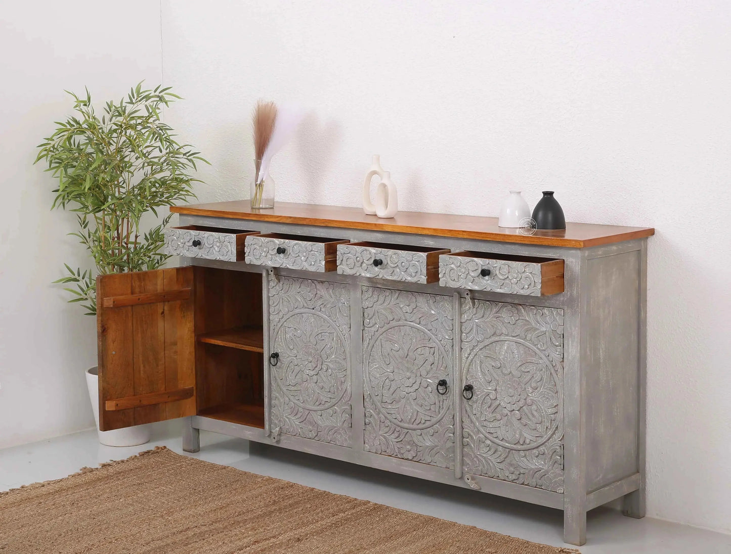 Oslo Wooden 4 Door 4 Drawer Sideboard – Solid Mango Wood | Opelhome UAE