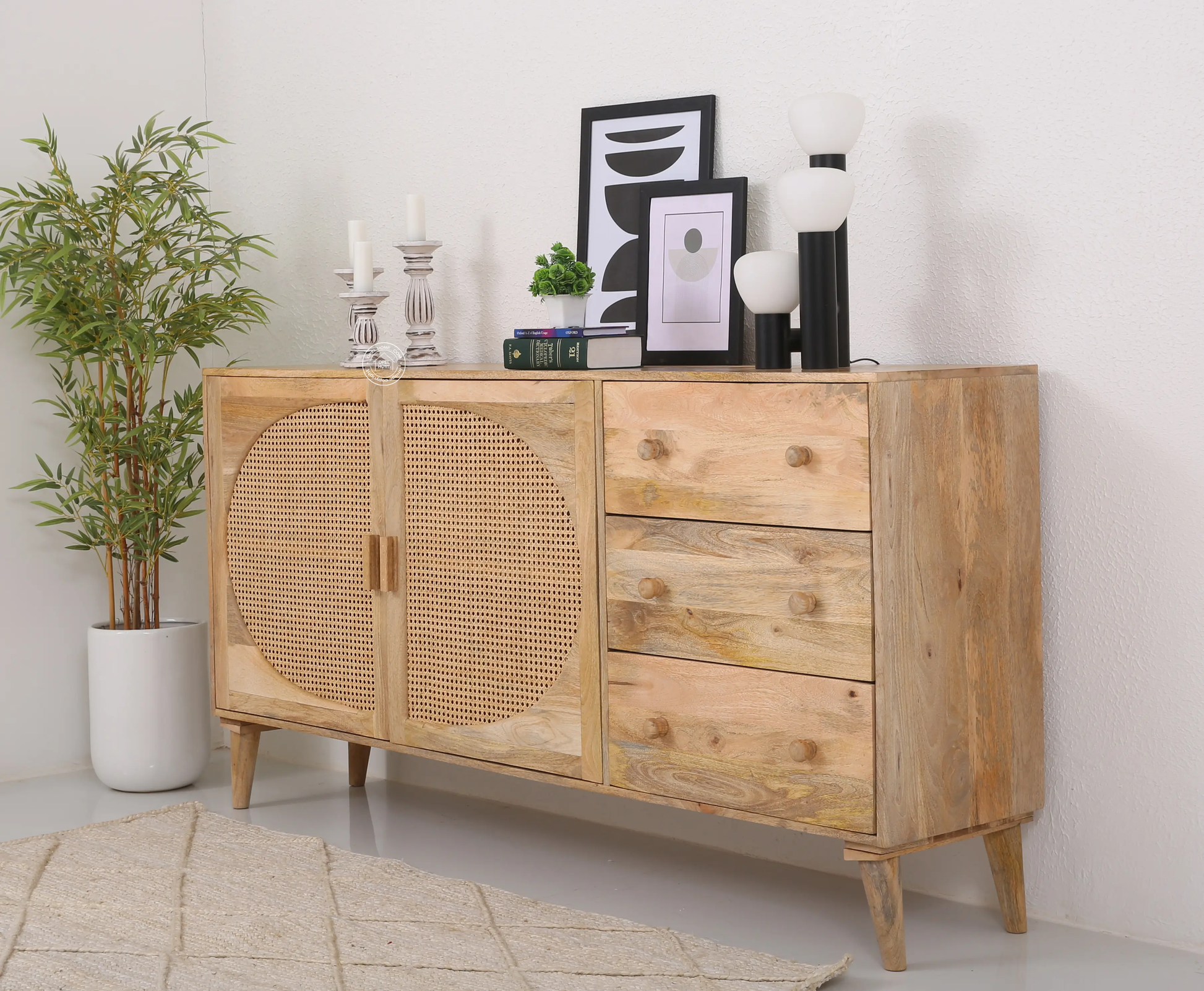 Palm Rattan Sideboard – 2 Doors, 3 Drawers, Solid Mango Wood, Natural Finish | Opelhome UAE