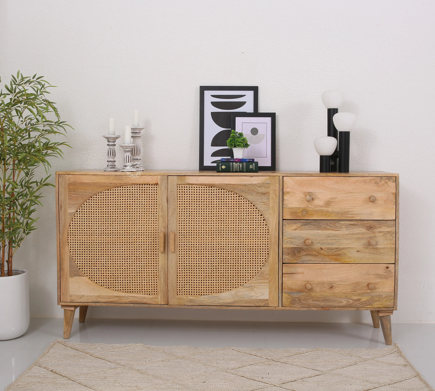 Palm  Rattan  wooden 2 door 3 drawer Sideboard - Opelhome