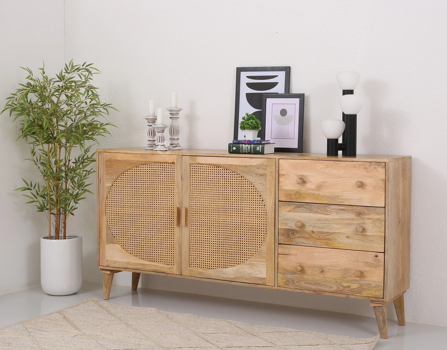 Palm  Rattan  wooden 2 door 3 drawer Sideboard - Opelhome