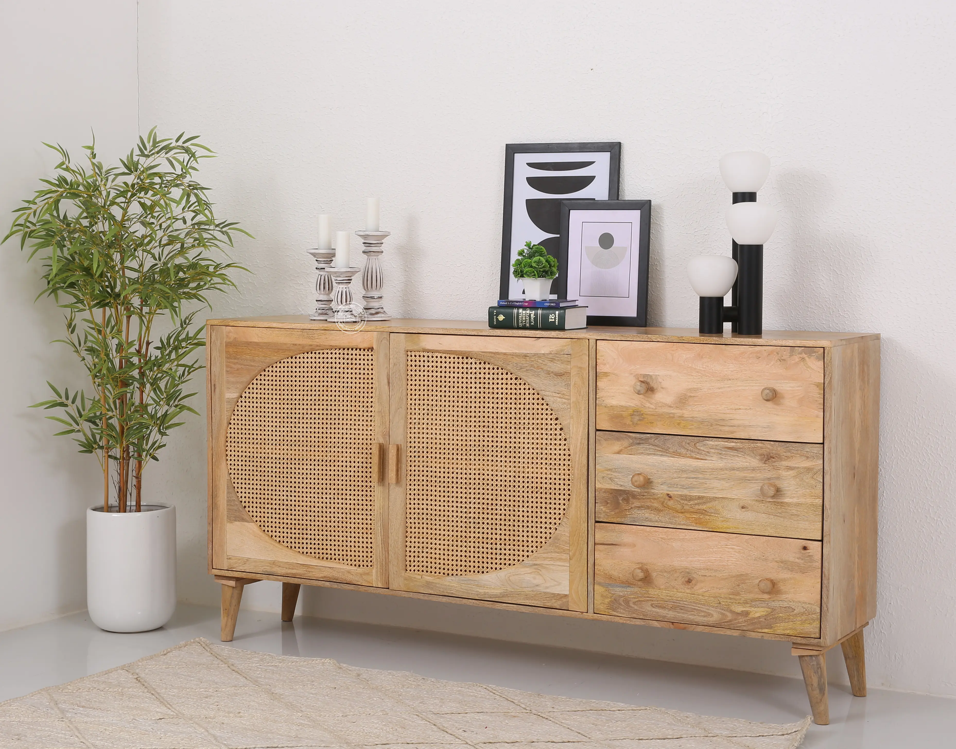 Palm  Rattan  wooden 2 door 3 drawer Sideboard - Opelhome