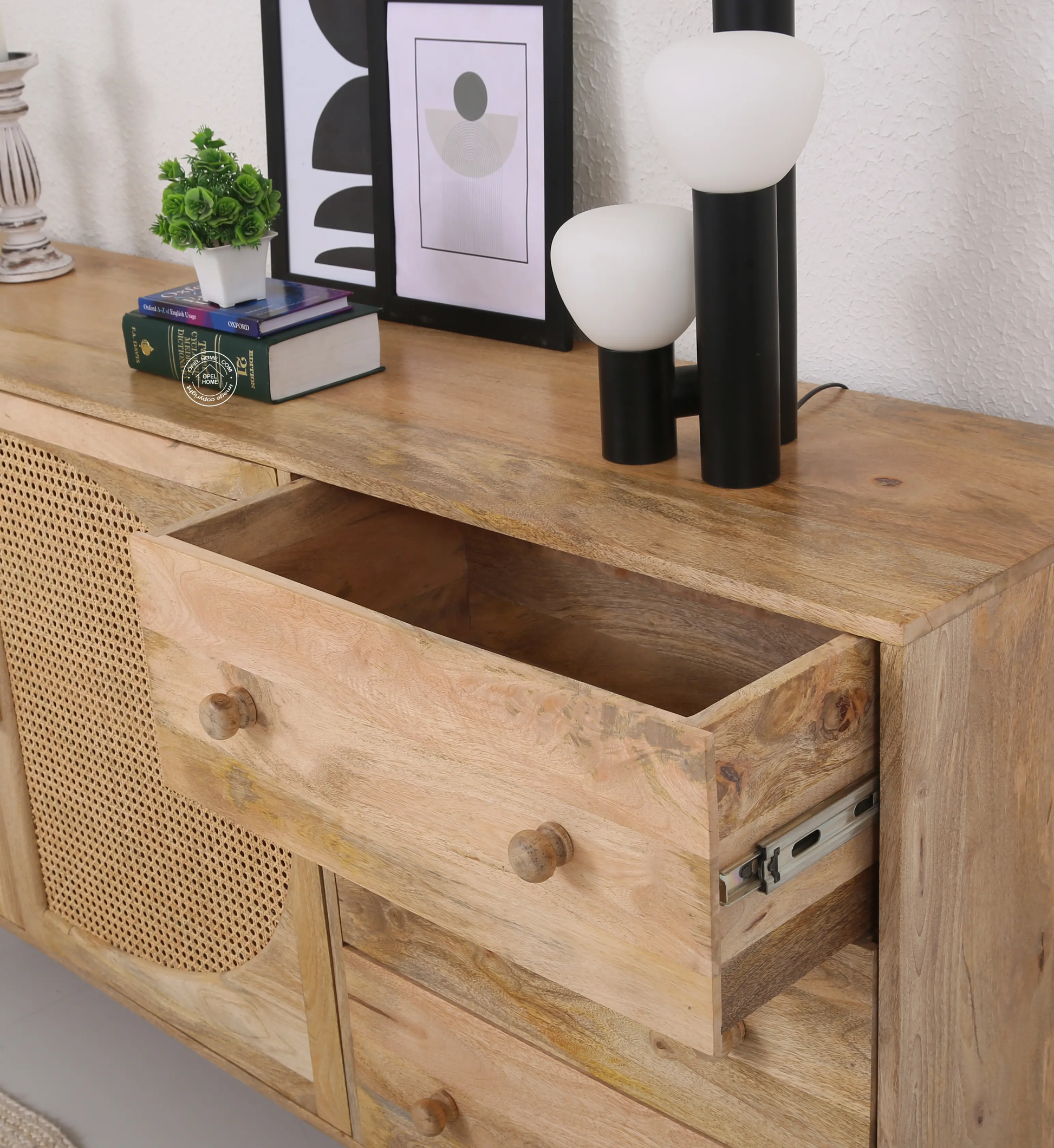 Palm  Rattan  wooden 2 door 3 drawer Sideboard - Opelhome