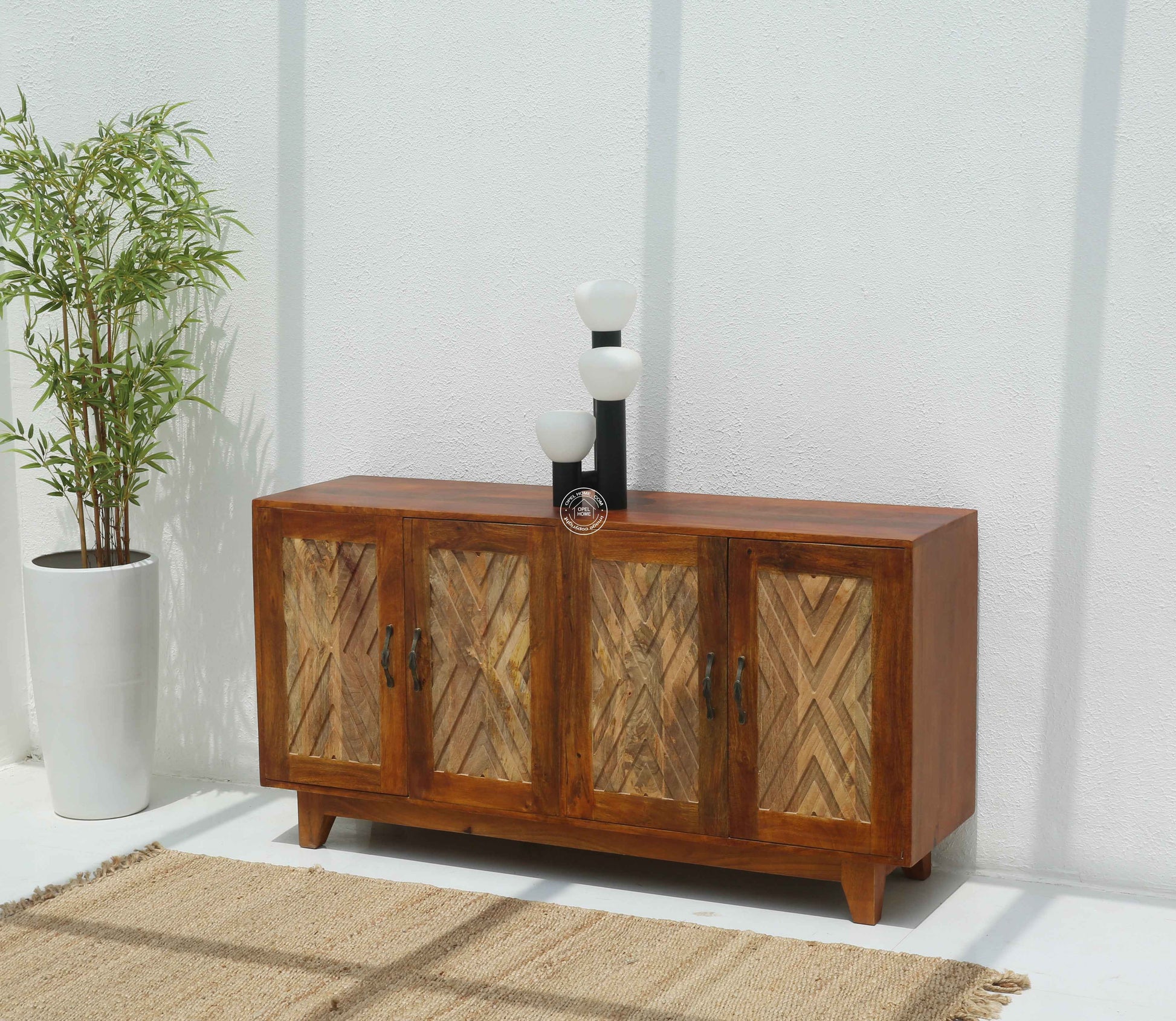 Pearl Wooden Sideboard – 4 Doors, Solid Mango Wood, Natural Finish | Opelhome UAE