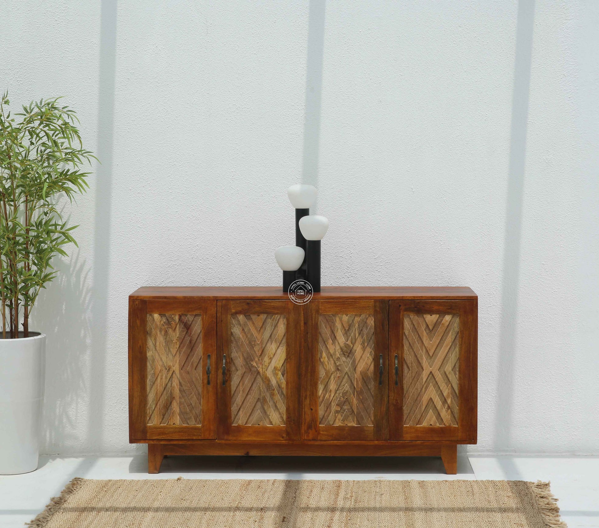 Pearl Wooden Sideboard – 4 Doors, Solid Mango Wood, Natural Finish | Opelhome UAE