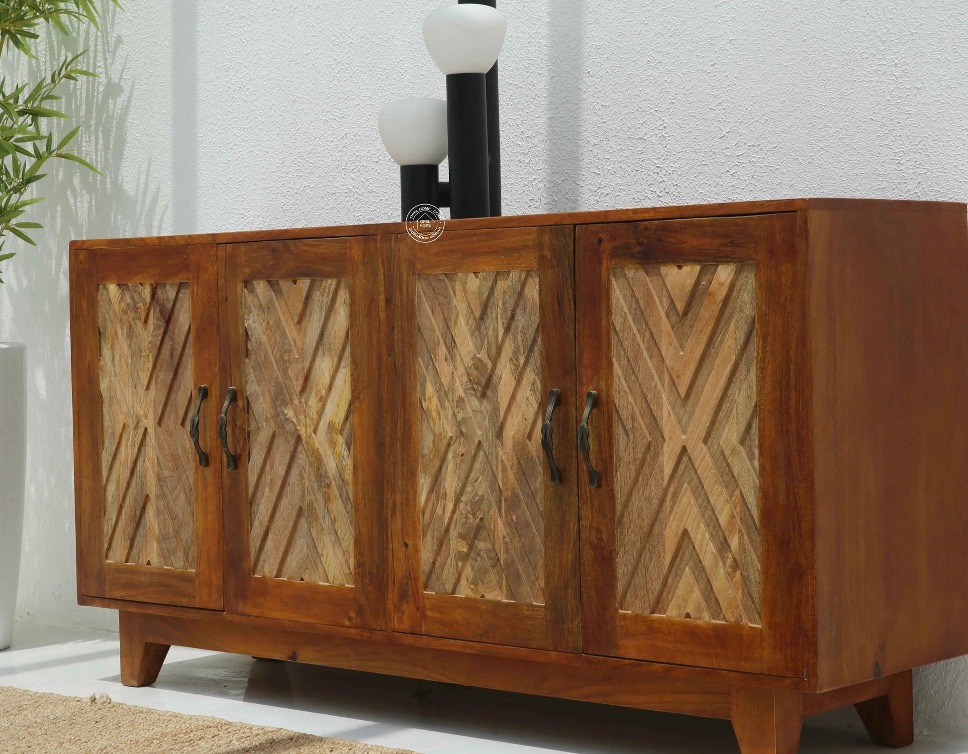 Pearl Wooden Sideboard – 4 Doors, Solid Mango Wood, Natural Finish | Opelhome UAE