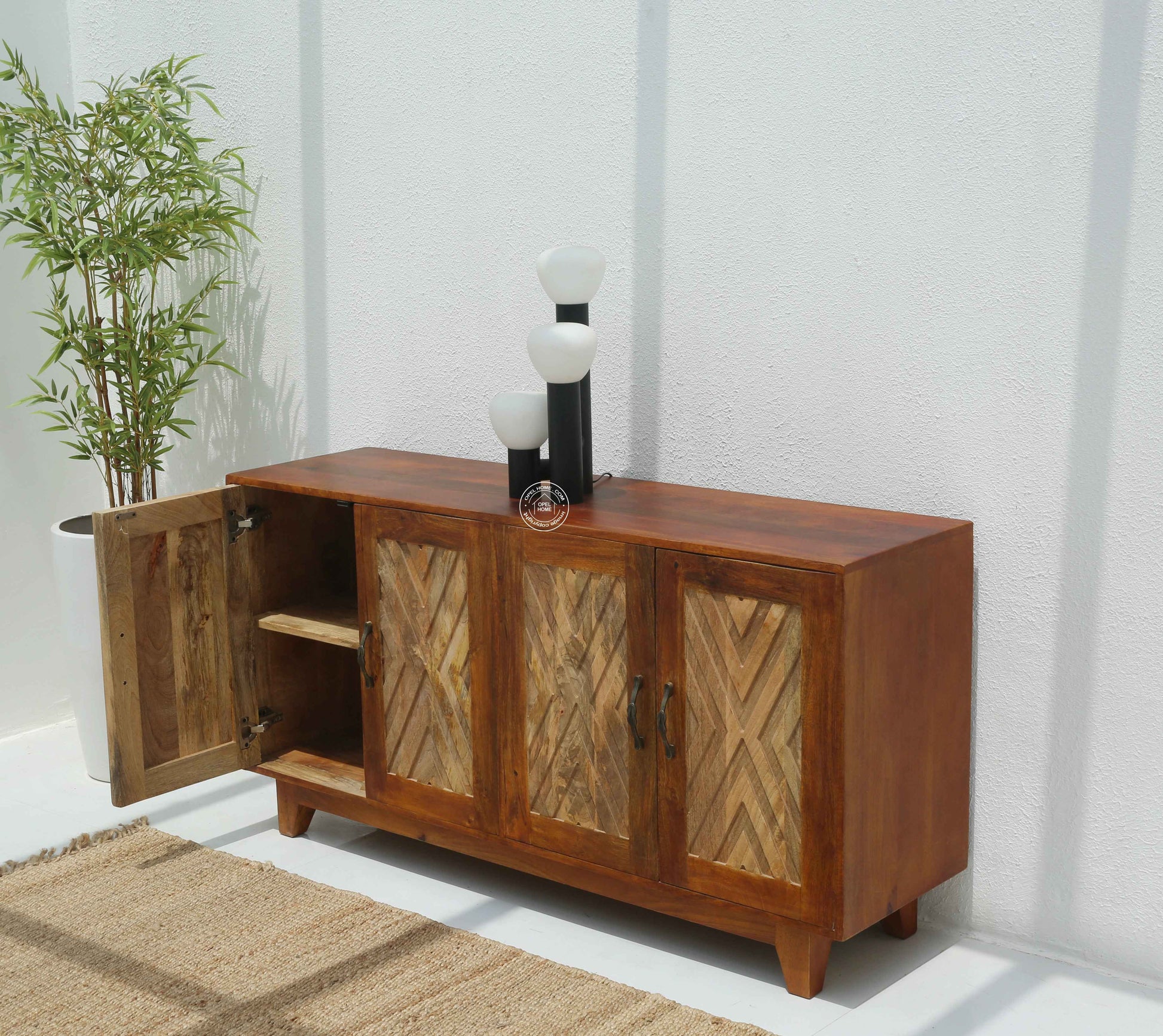Pearl Wooden Sideboard – 4 Doors, Solid Mango Wood, Natural Finish | Opelhome UAE
