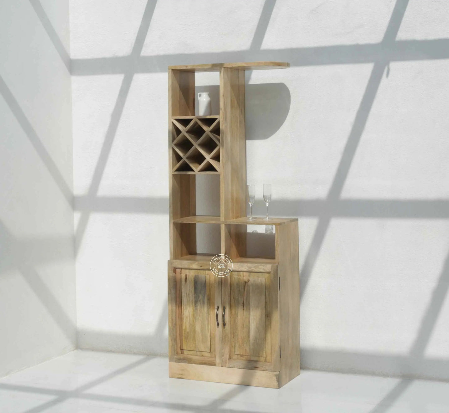 Phoenix Wooden Bar Cabinet – Solid Mango Wood, Natural Finish, Tall Storage | Opelhome UAE