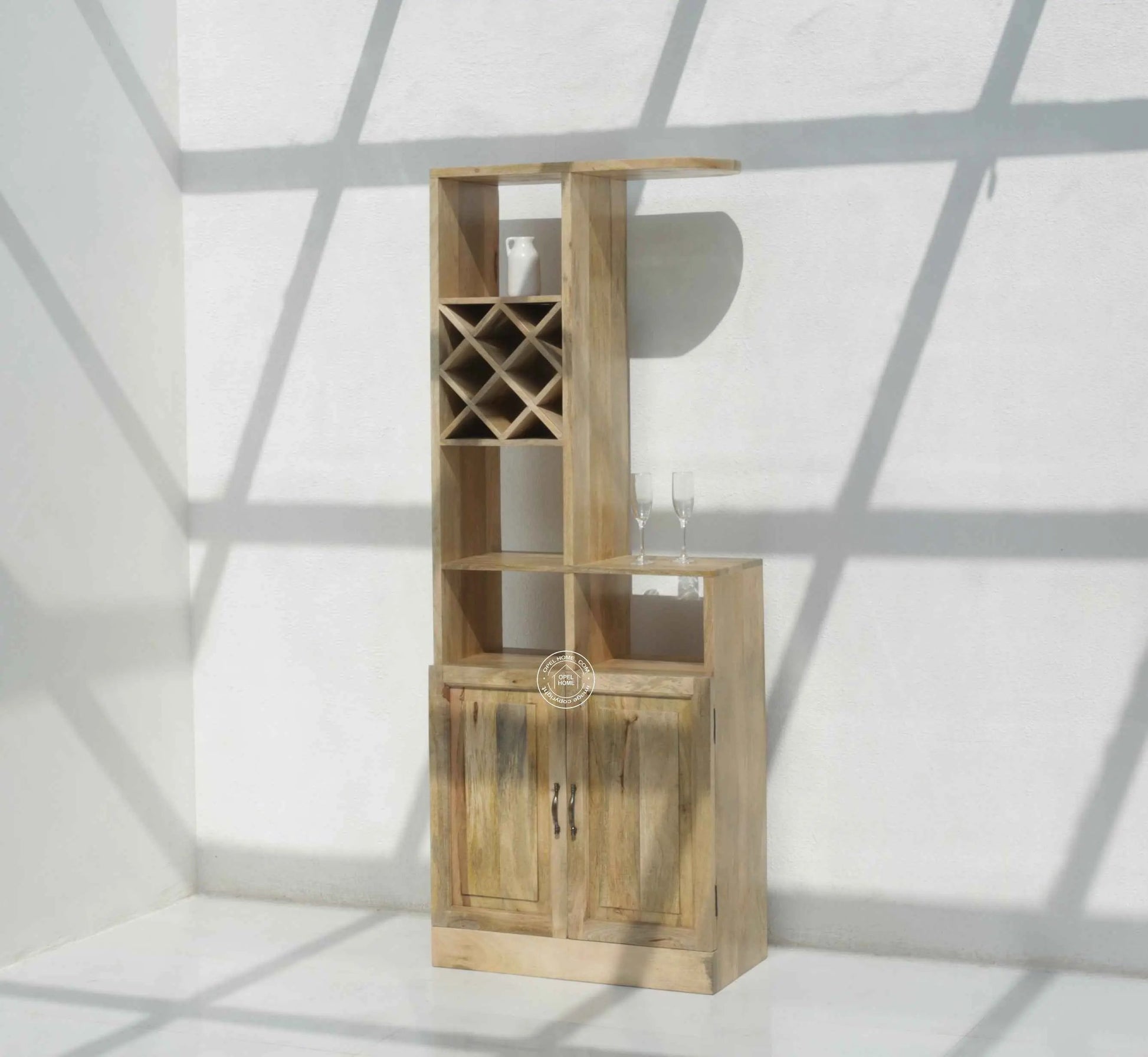 Phoenix Wooden Bar Cabinet – Solid Mango Wood, Natural Finish, Tall Storage | Opelhome UAE