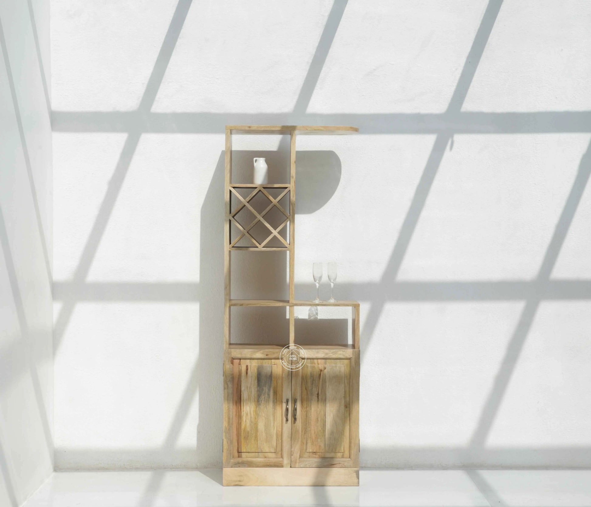 Phoenix Wooden Bar Cabinet – Solid Mango Wood, Natural Finish, Tall Storage | Opelhome UAE