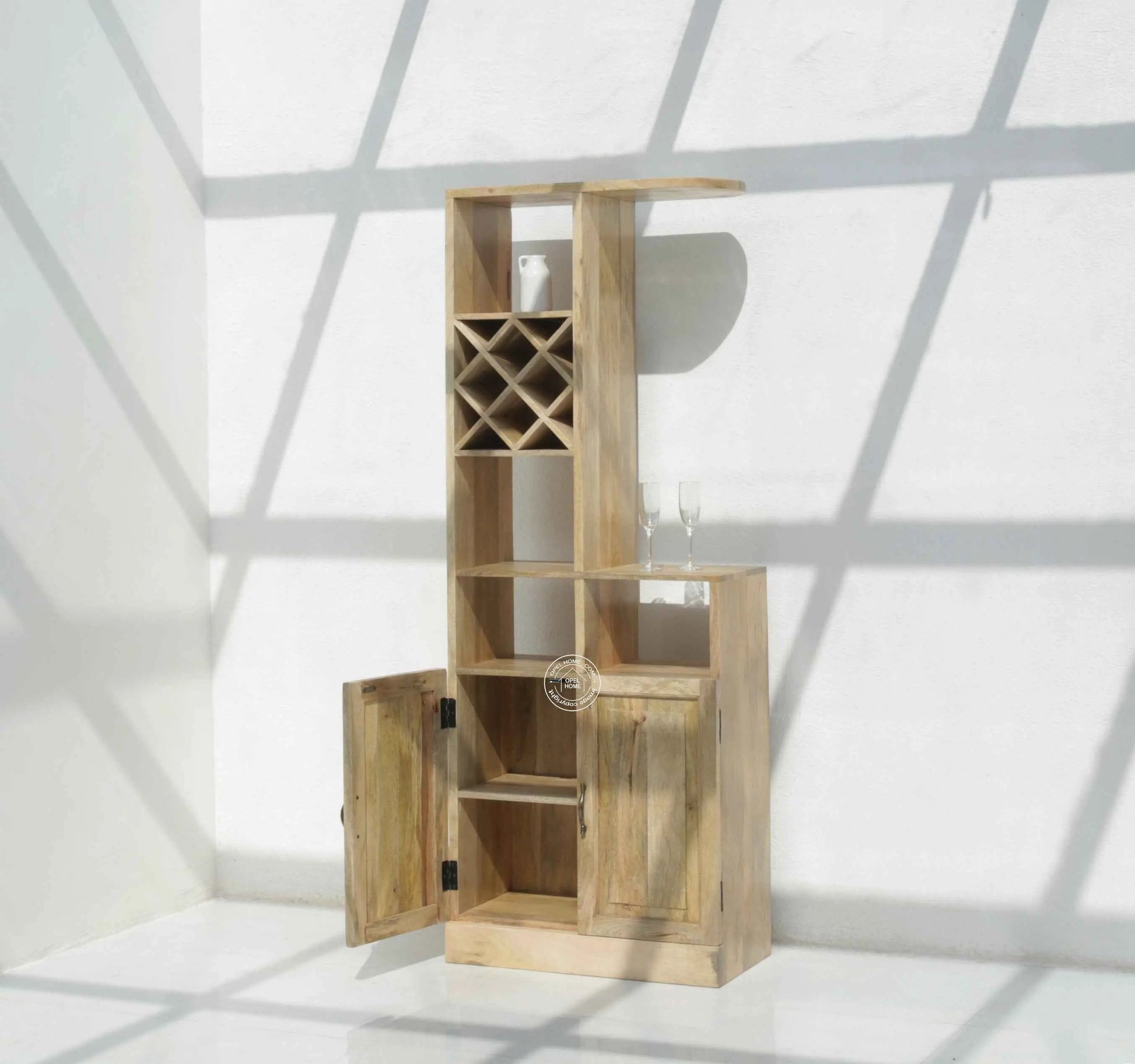 Phoenix Wooden Bar Cabinet – Solid Mango Wood, Natural Finish, Tall Storage | Opelhome UAE