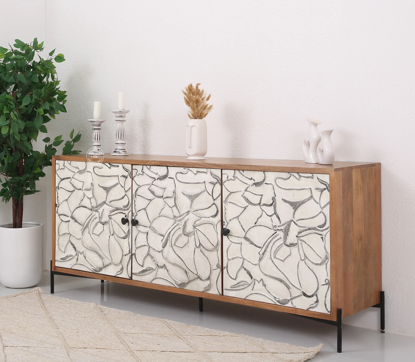 Piston Wooden Sideboard – 3 Doors, Solid Wood, Natural + White Finish | Opelhome UAE