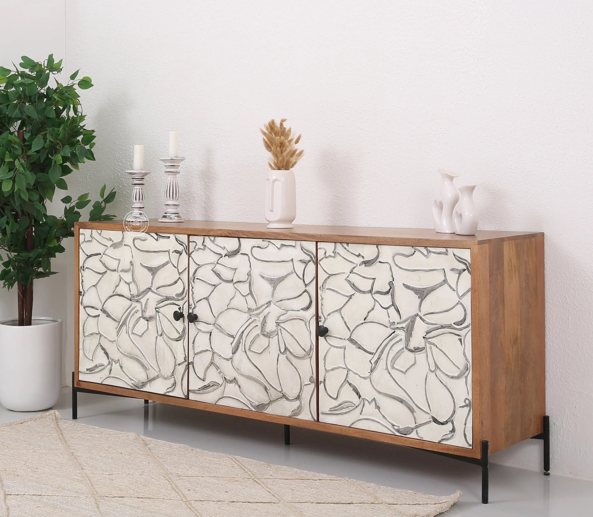 Piston Wooden Sideboard – 3 Doors, Solid Wood, Natural + White Finish | Opelhome UAE