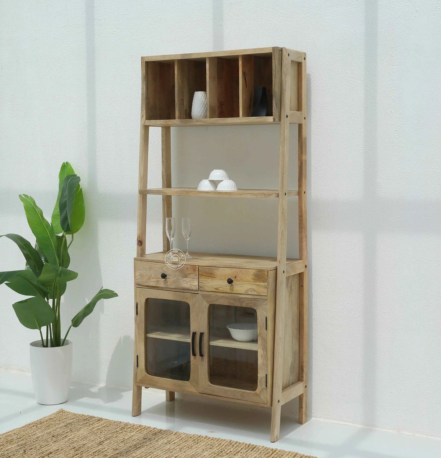 Raya Wooden Display Cabinet – Solid Mango Wood, Natural Finish, Kitchen Storage | Opelhome UAE