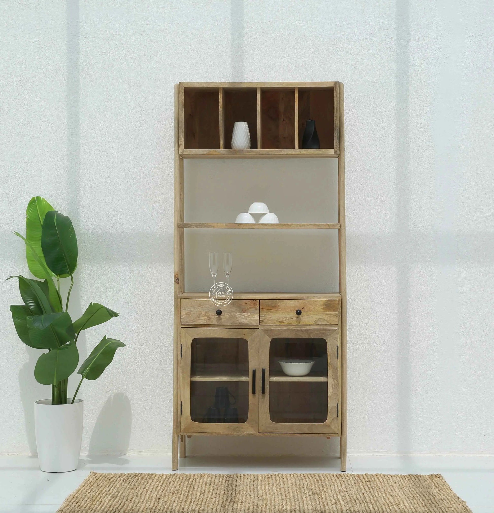 Raya Wooden Display Cabinet – Solid Mango Wood, Natural Finish, Kitchen Storage | Opelhome UAE