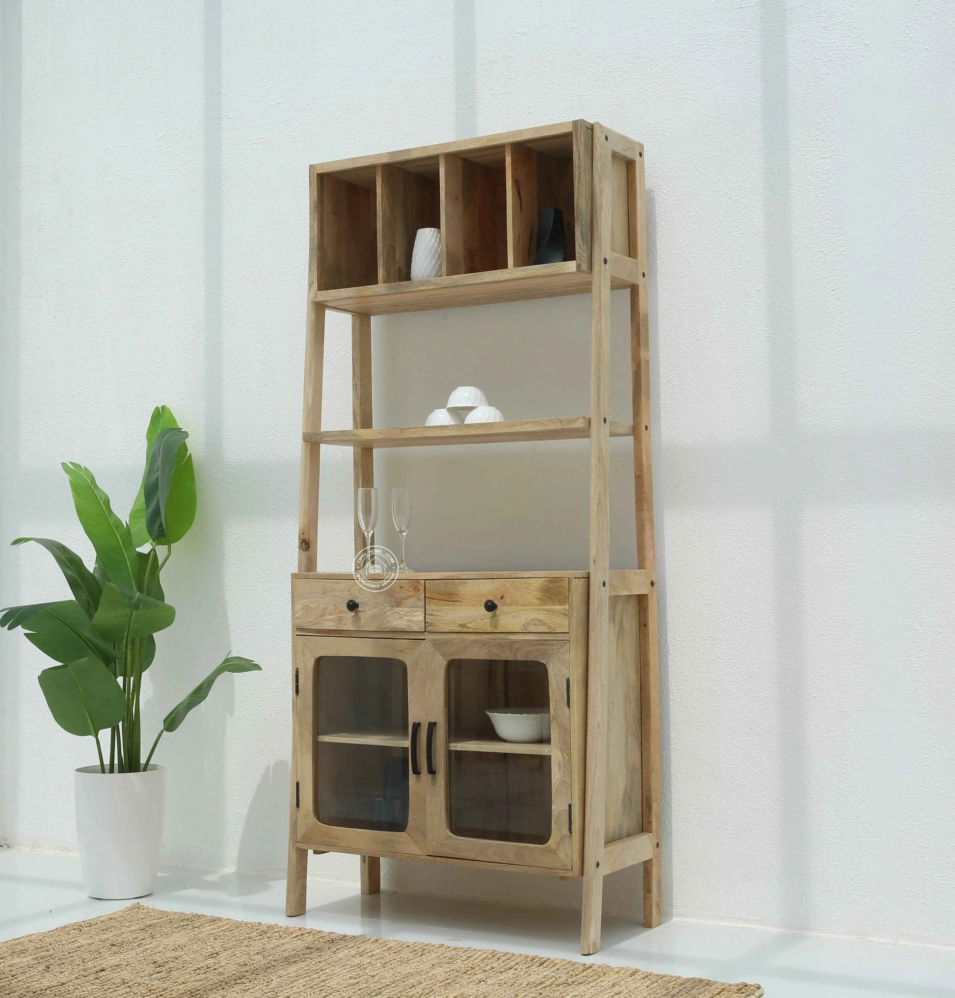 Raya Wooden Display Cabinet – Solid Mango Wood, Natural Finish, Kitchen Storage | Opelhome UAE