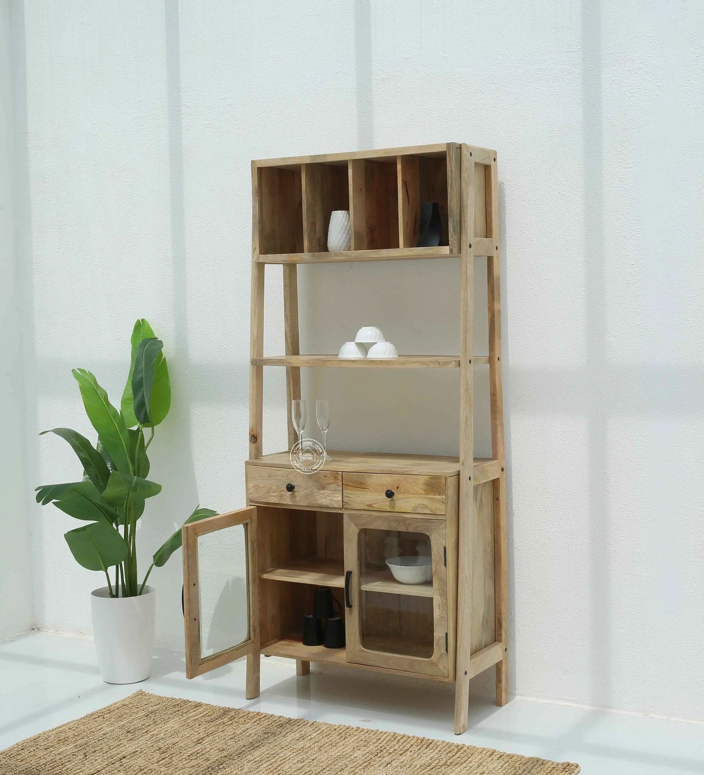 Raya Wooden Display Cabinet – Solid Mango Wood, Natural Finish, Kitchen Storage | Opelhome UAE