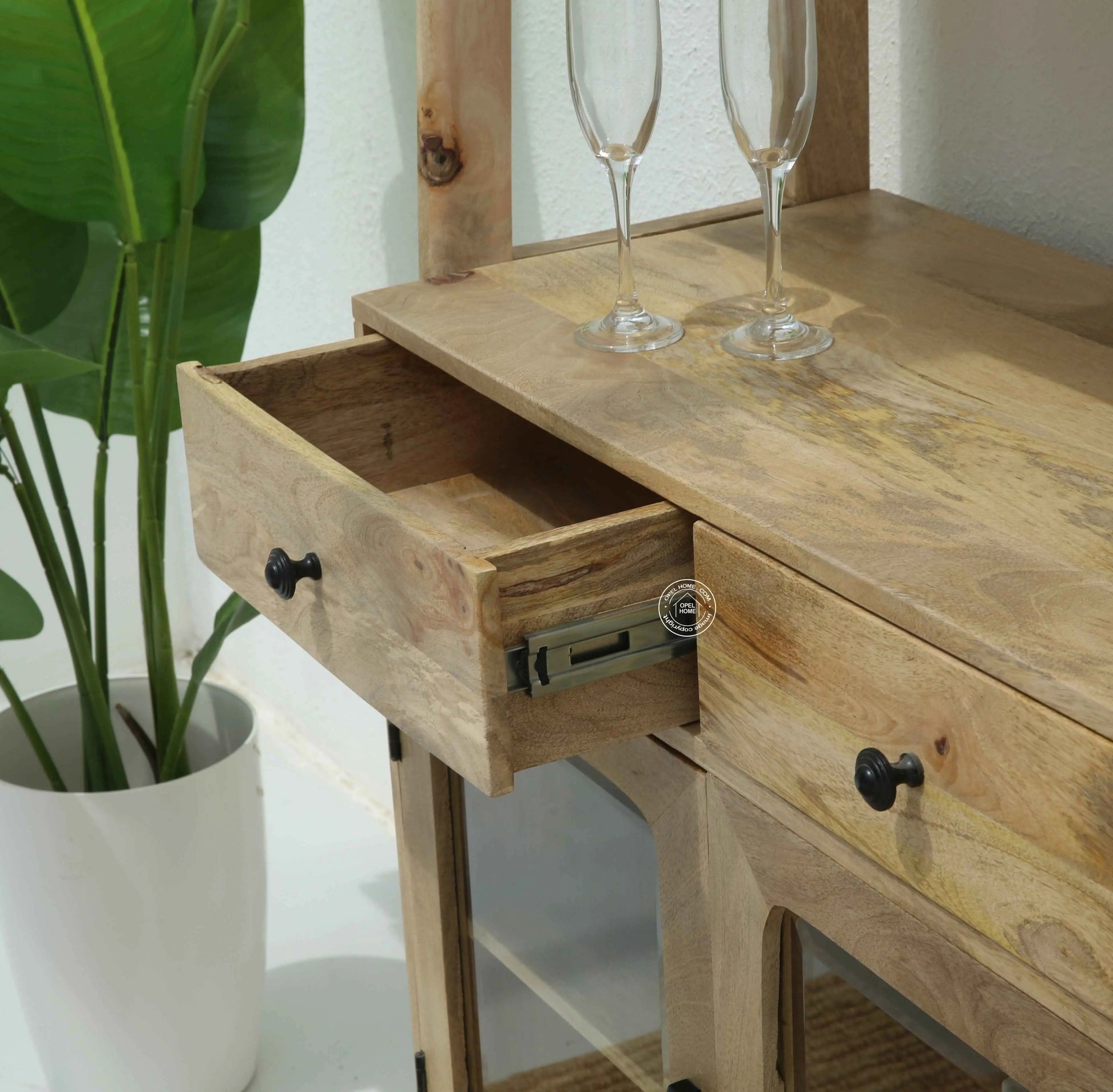 Raya Wooden Display Cabinet – Solid Mango Wood, Natural Finish, Kitchen Storage | Opelhome UAE