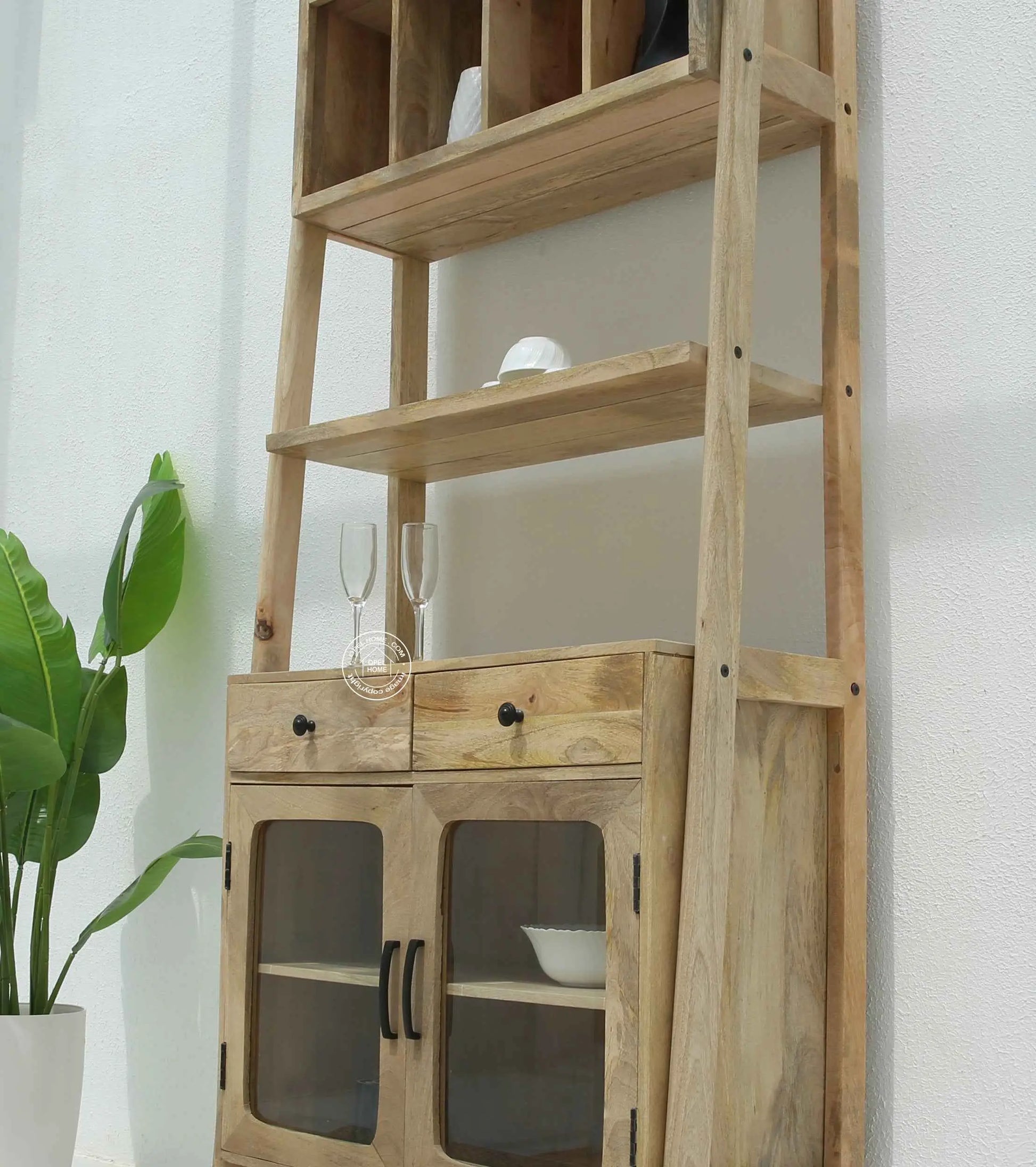 Raya Wooden Display Cabinet – Solid Mango Wood, Natural Finish, Kitchen Storage | Opelhome UAE