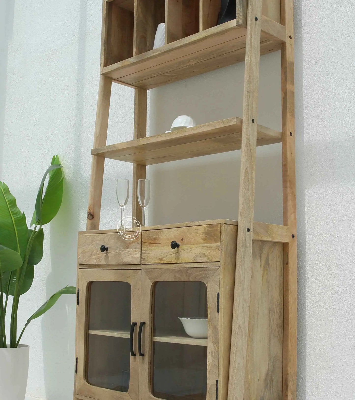 Raya Wooden Display Cabinet – Solid Mango Wood, Natural Finish, Kitchen Storage | Opelhome UAE