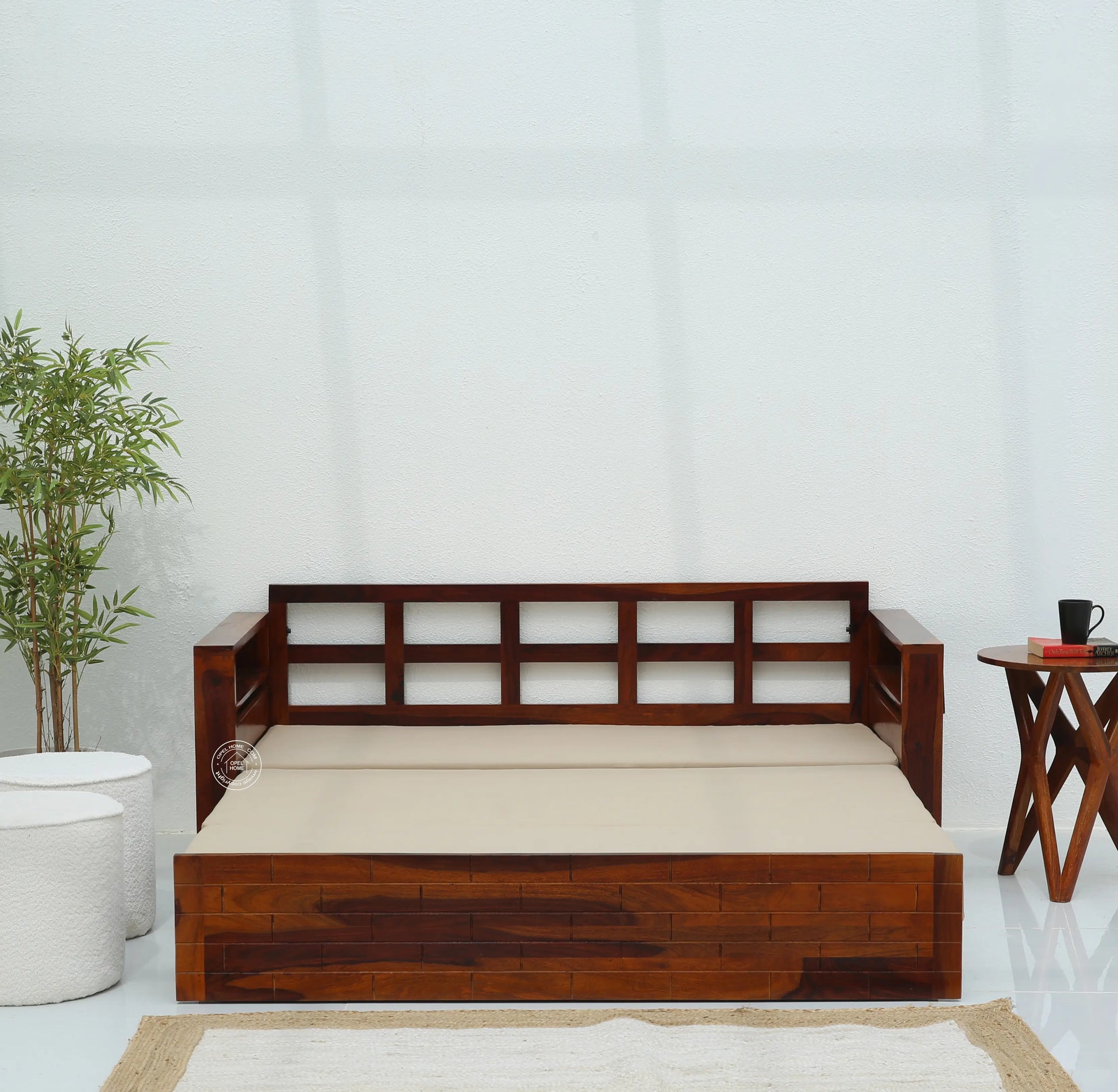 Reva Wooden Sofa cum Bed With Storage (Honey finish) - Opelhome