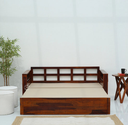 Reva Wooden Sofa cum Bed With Storage (Honey finish) - Opelhome