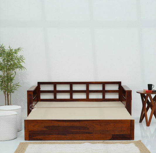 Reva Wooden Sofa cum Bed With Storage (Honey finish) - Opelhome