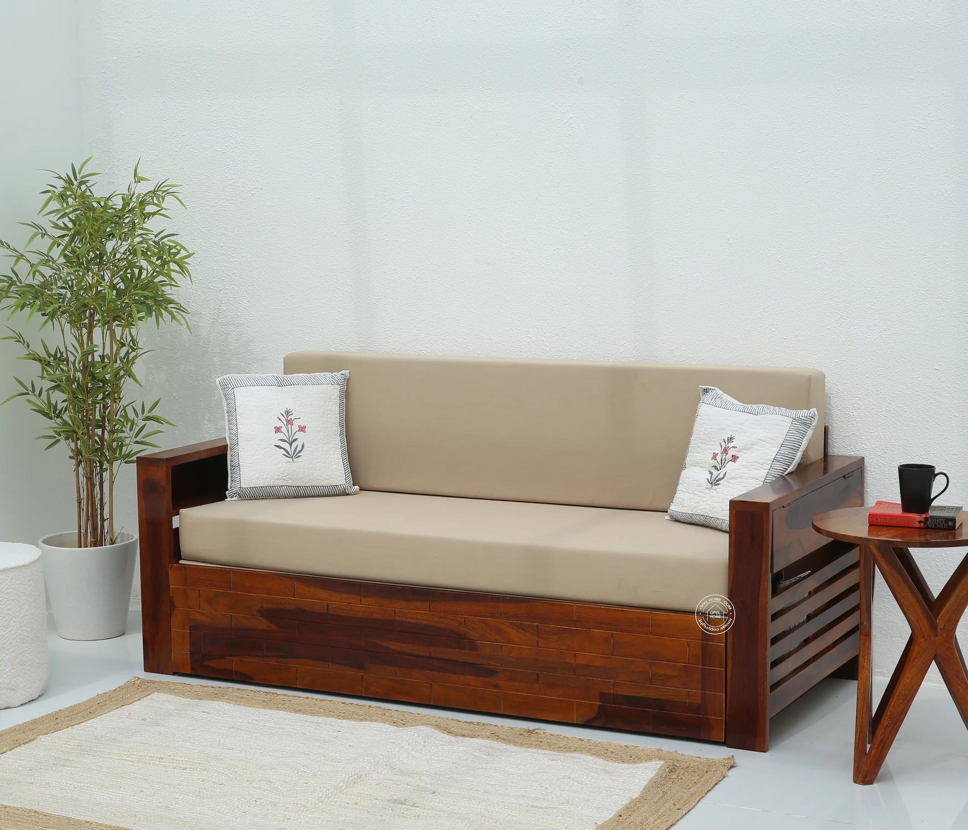 Reva Wooden Sofa cum Bed With Storage (Honey finish) - Opelhome