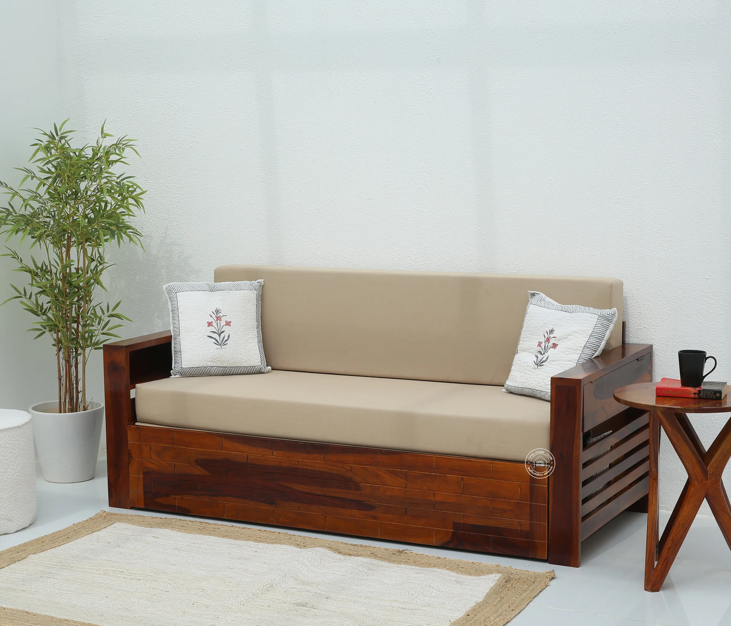 Reva Wooden Sofa cum Bed With Storage (Honey finish) - Opelhome