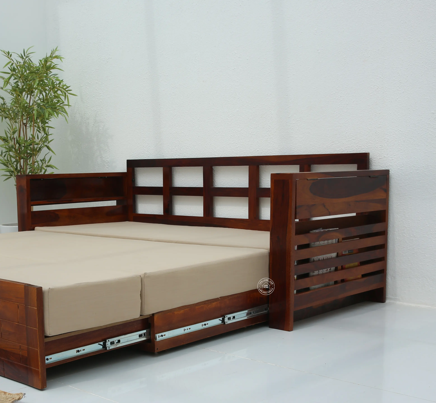 Reva Wooden Sofa cum Bed With Storage (Honey finish) - Opelhome