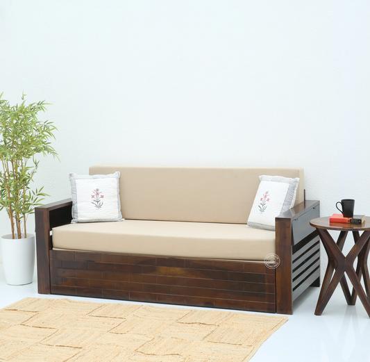 Reva Wooden Sofa cum Bed With Storage – Solid Rose Wood, Walnut Finish | Opelhome UAE - Opelhome
