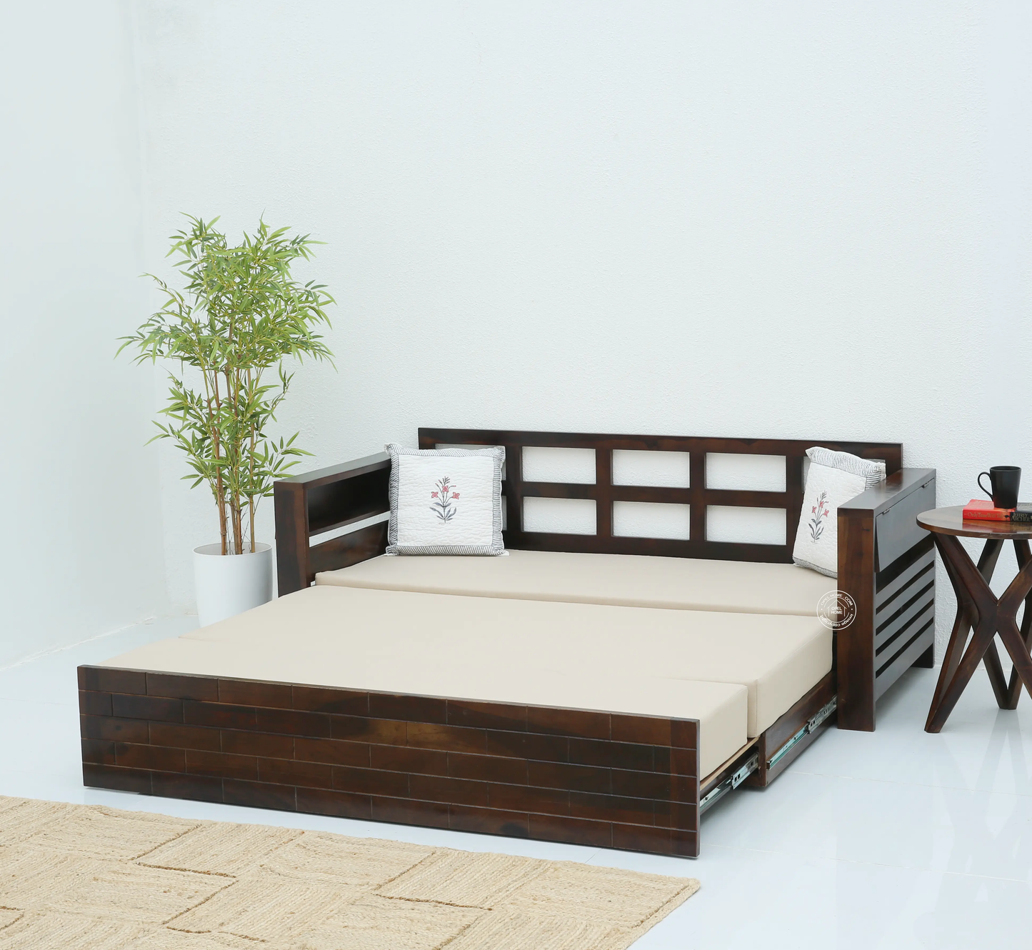 Reva Wooden Sofa cum Bed With Storage – Solid Rose Wood, Walnut Finish | Opelhome UAE - Opelhome