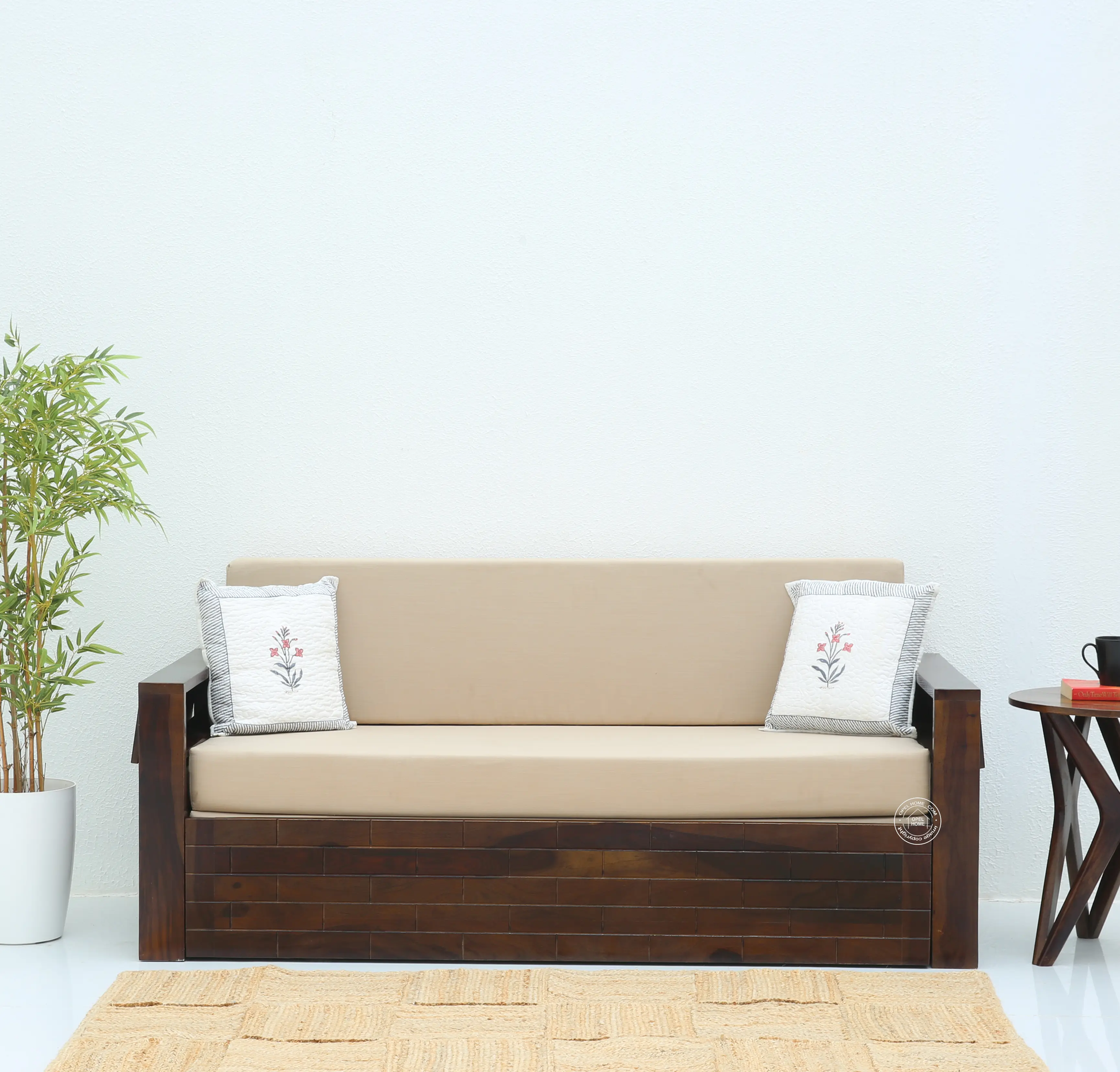 Reva Wooden Sofa cum Bed With Storage – Solid Rose Wood, Walnut Finish | Opelhome UAE - Opelhome