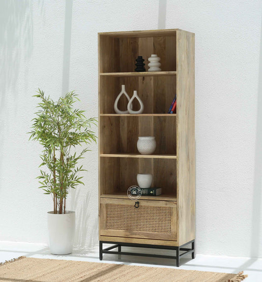 Richmond Rattan Bookcase – Solid Mango Wood, Black Base, Natural Finish | Opelhome UAE