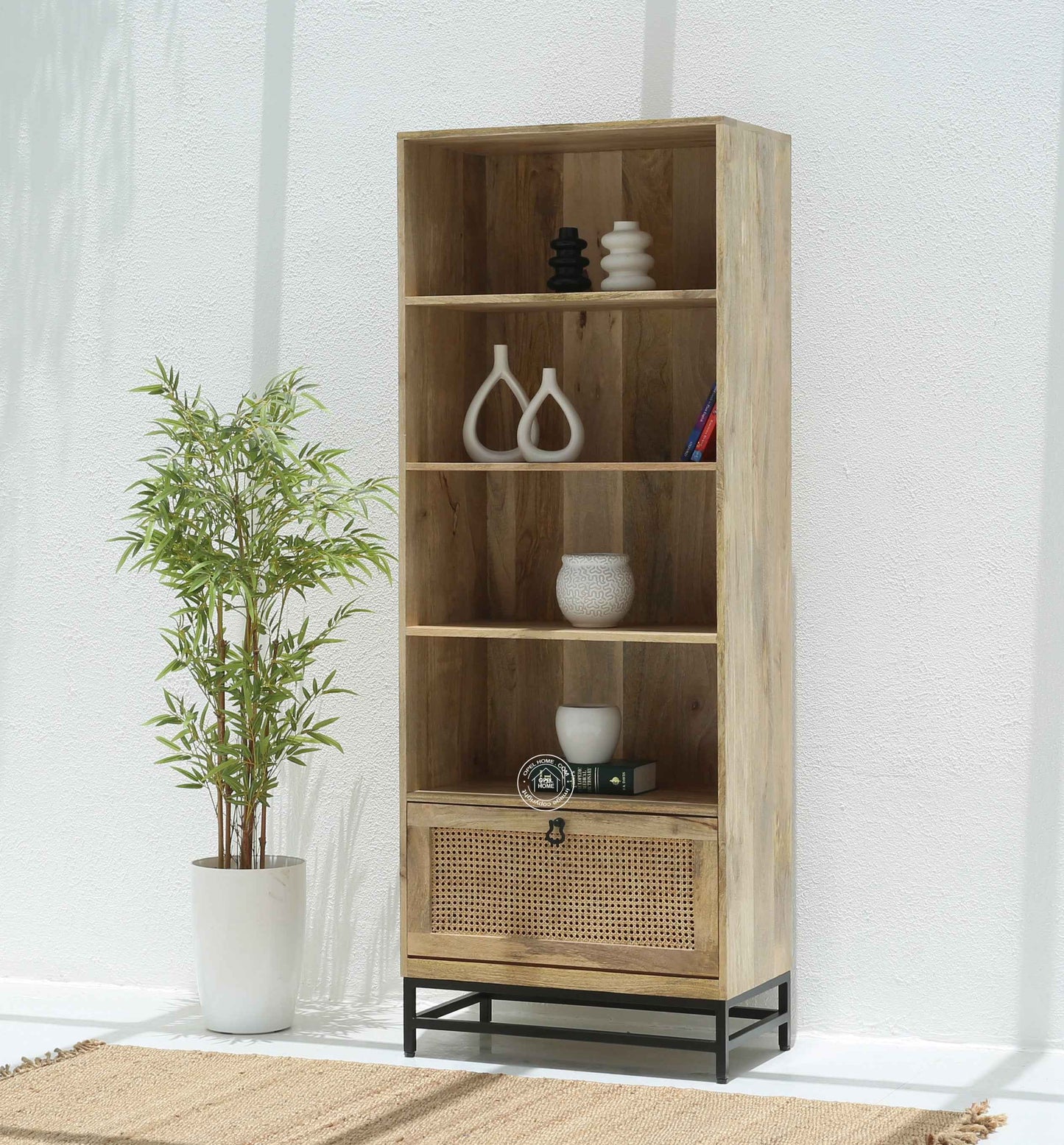 Richmond Rattan Bookcase – Solid Mango Wood, Black Base, Natural Finish | Opelhome UAE