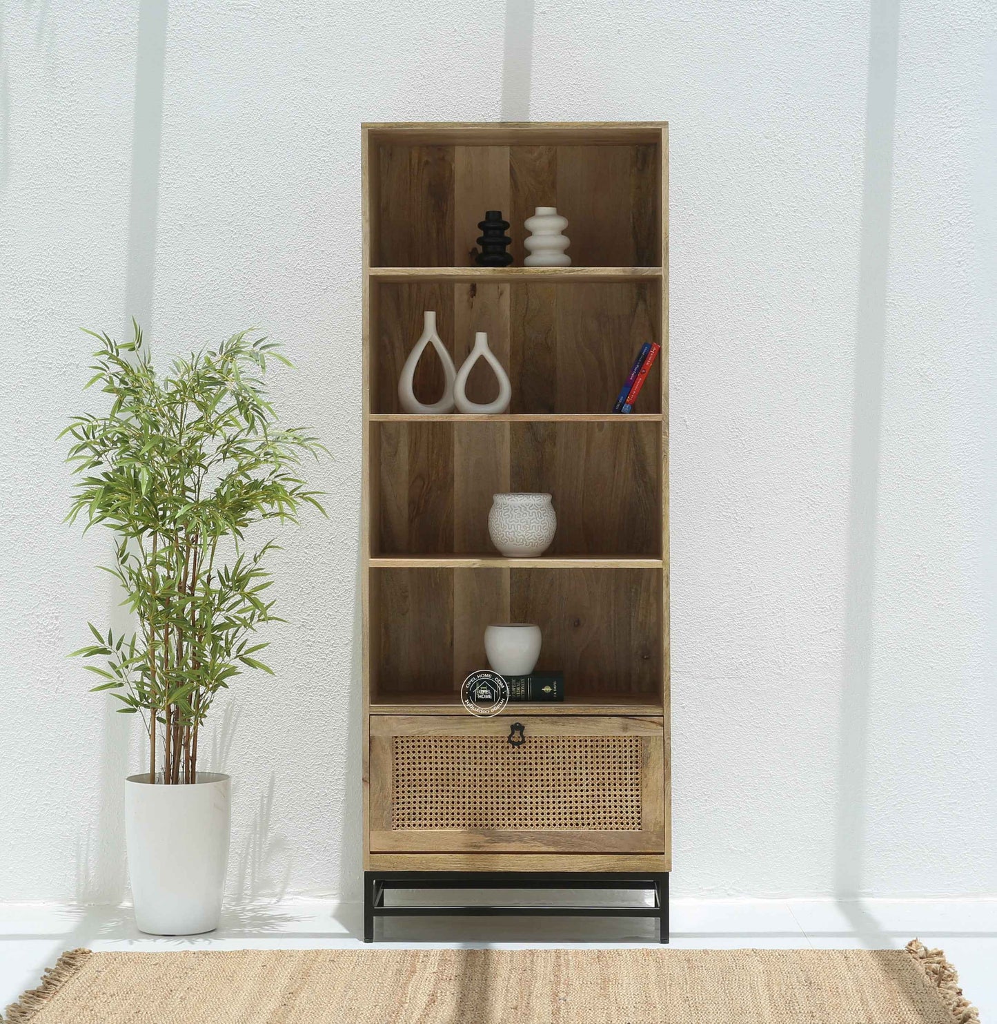 Richmond Rattan Bookcase – Solid Mango Wood, Black Base, Natural Finish | Opelhome UAE