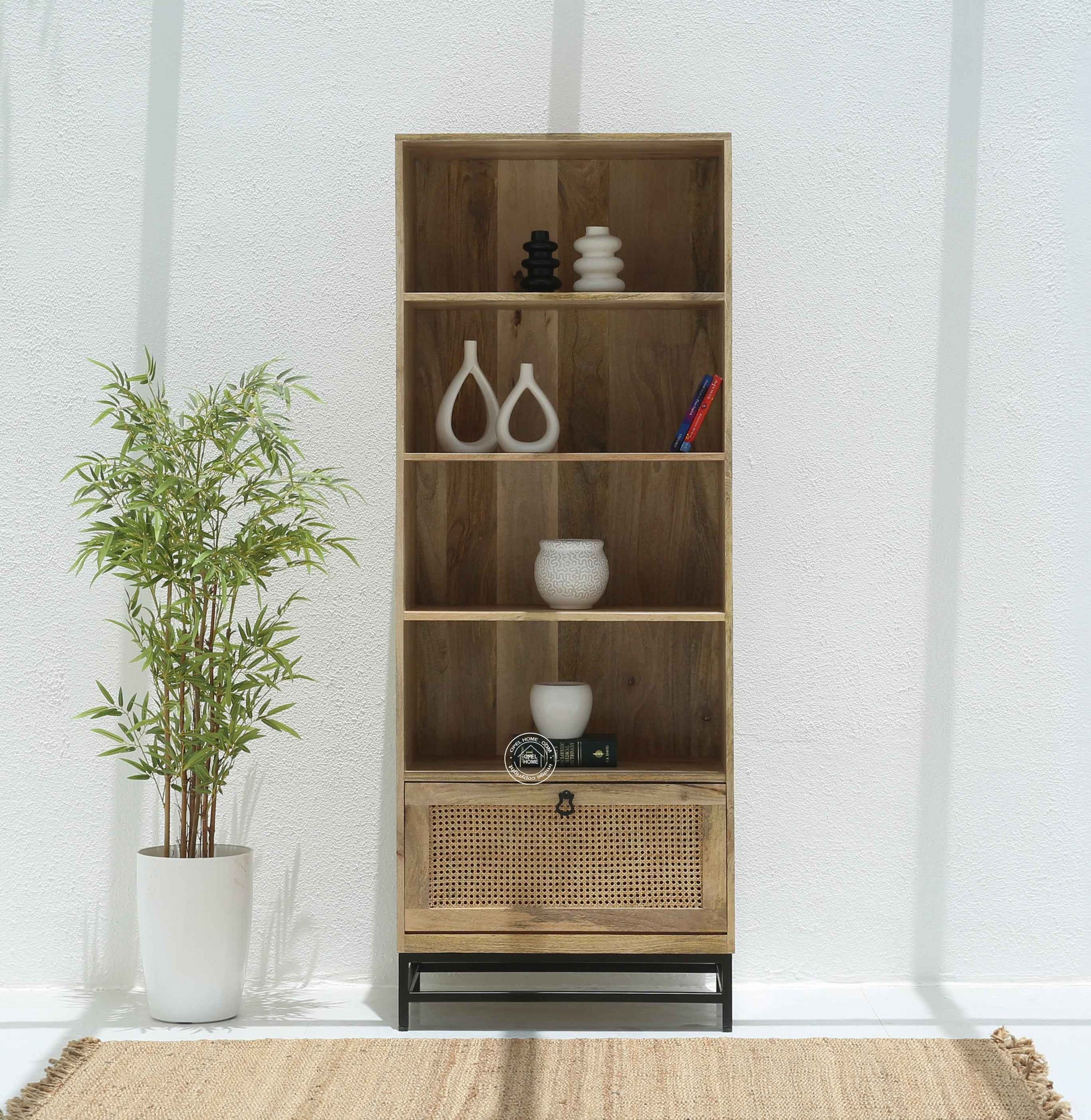 Richmond Rattan Bookcase – Solid Mango Wood, Black Base, Natural Finish | Opelhome UAE