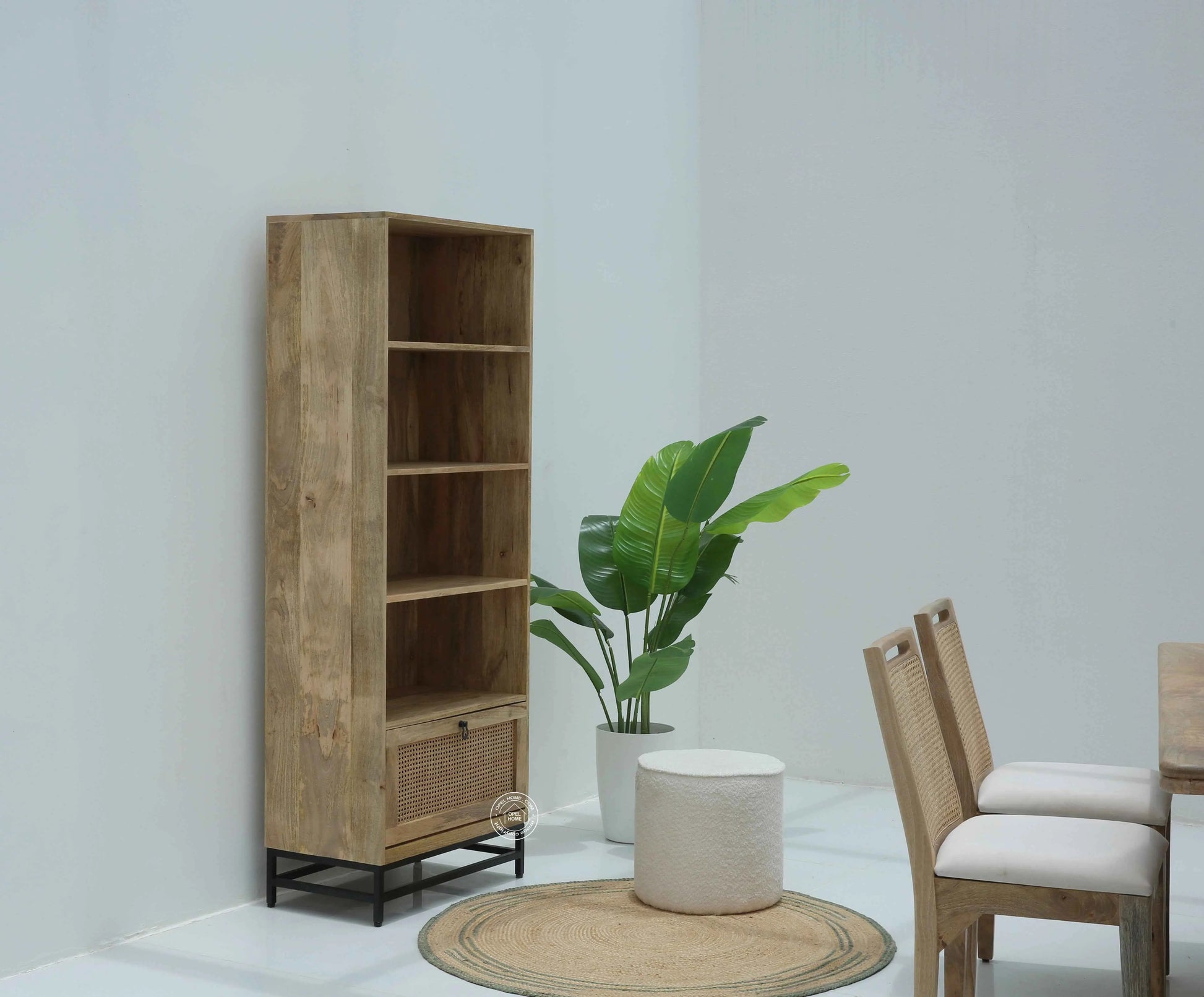 Richmond Rattan Bookcase – Solid Mango Wood, Black Base, Natural Finish | Opelhome UAE