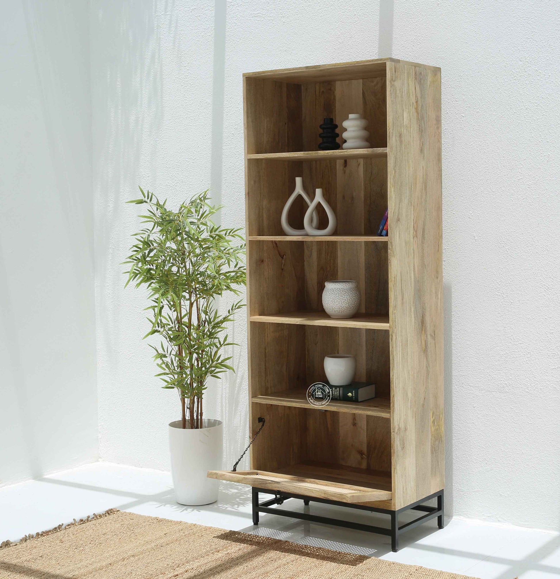 Richmond Rattan Bookcase – Solid Mango Wood, Black Base, Natural Finish | Opelhome UAE