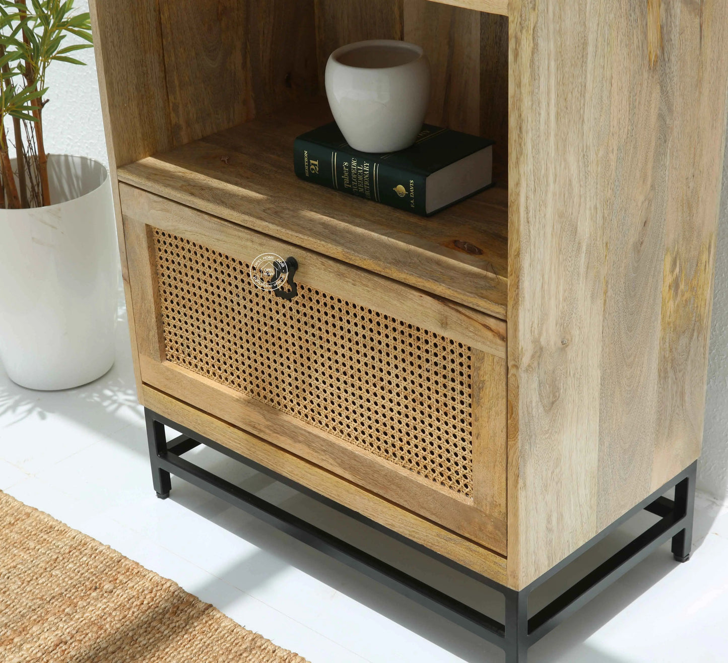 Richmond Rattan Bookcase – Solid Mango Wood, Black Base, Natural Finish | Opelhome UAE