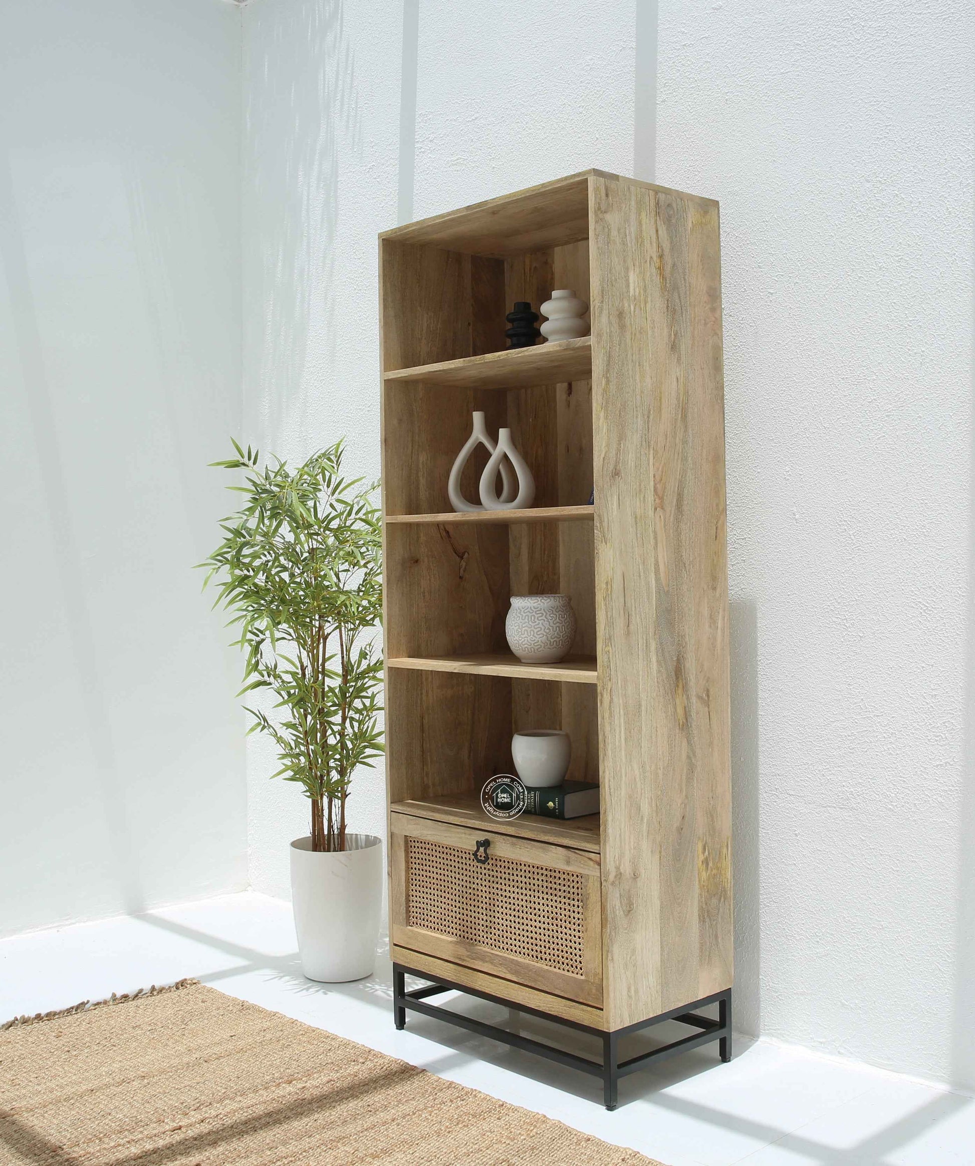 Richmond Rattan Bookcase – Solid Mango Wood, Black Base, Natural Finish | Opelhome UAE